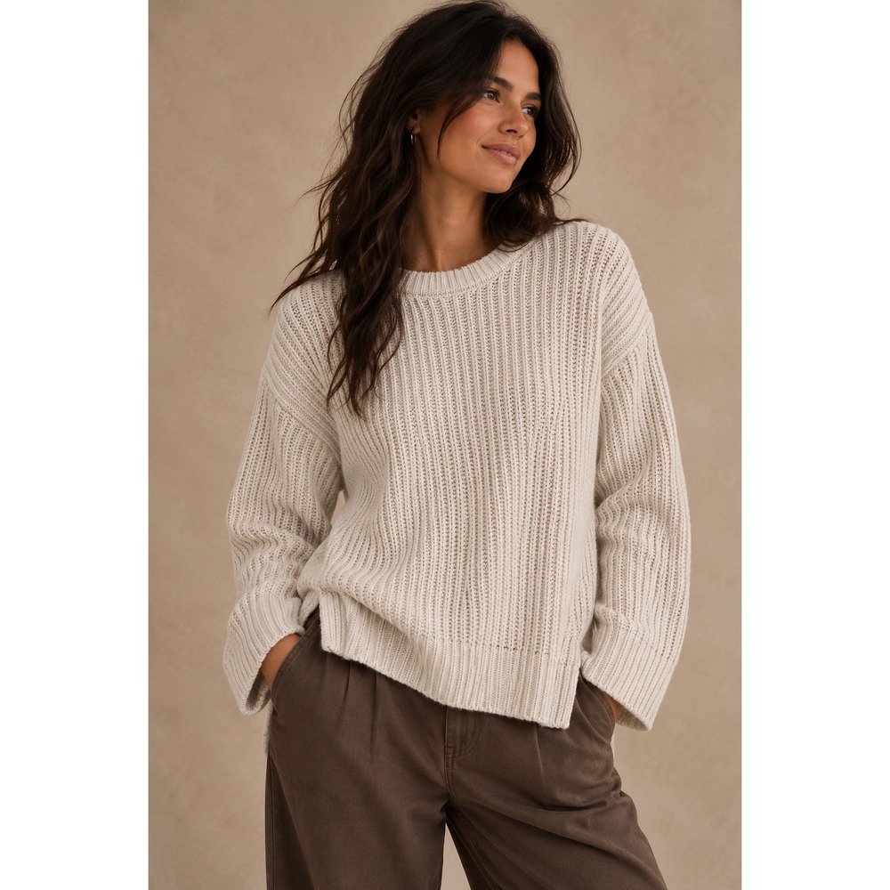 NA-KD Sweater Cream Ribbed Knit Crewneck Coastal Minimalist XS